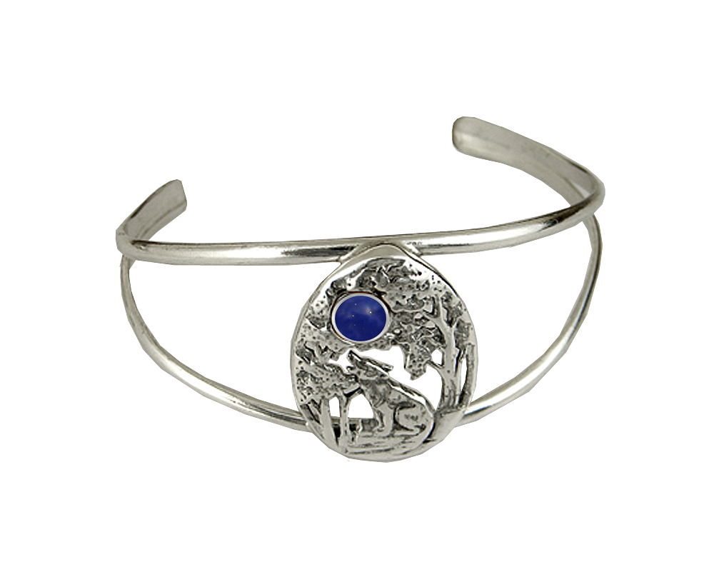 Sterling Silver Howling Wolf Cuff Bracelet With Lapis Lazuli